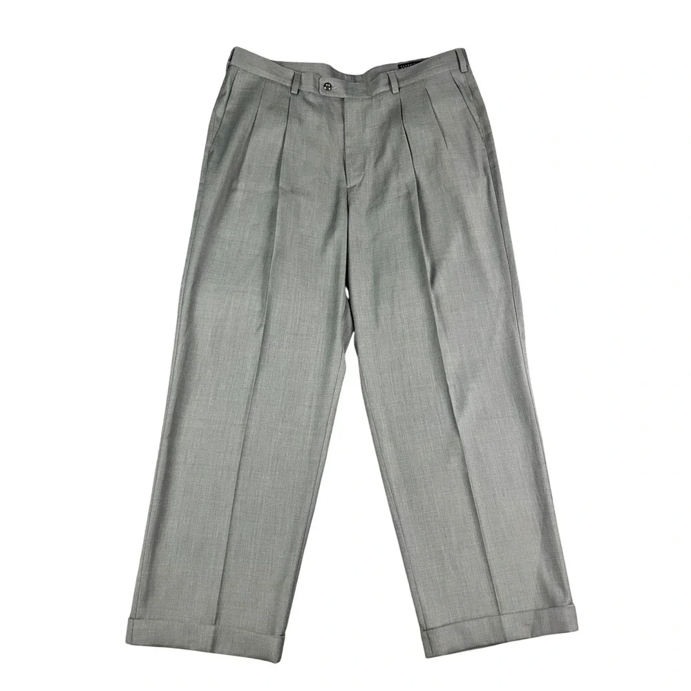 Perry Ellis Portfolio Mens 38x30 Light Grey Pleated Cuffed Dress Pants New